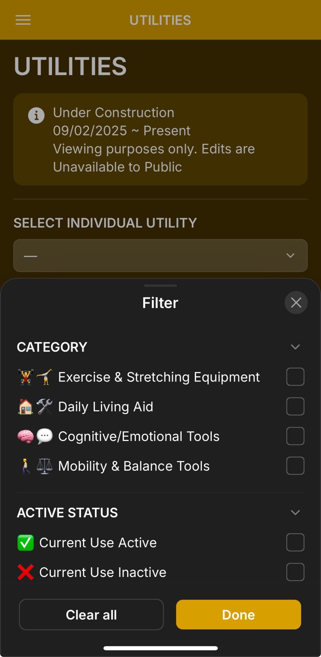 Utilities Page (Filter Options)